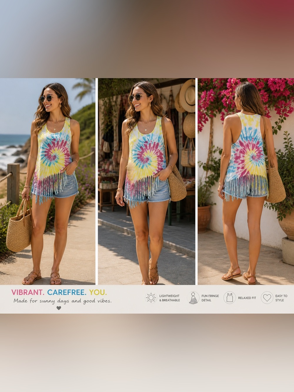 Tie-Dye Fringe Tank Top - Yellow Multi